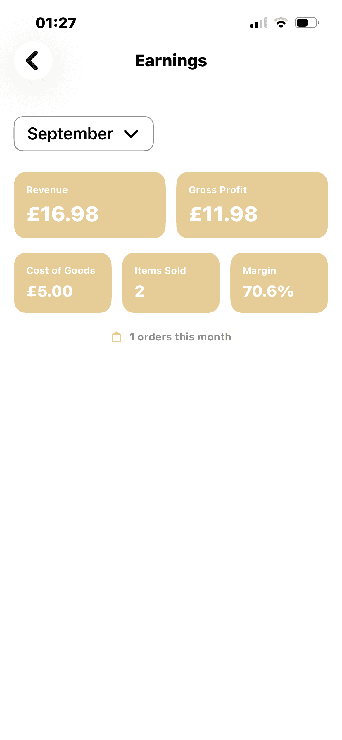 The HCM Partner app showing monthly earnings, gross profit, cost of goods, and margin