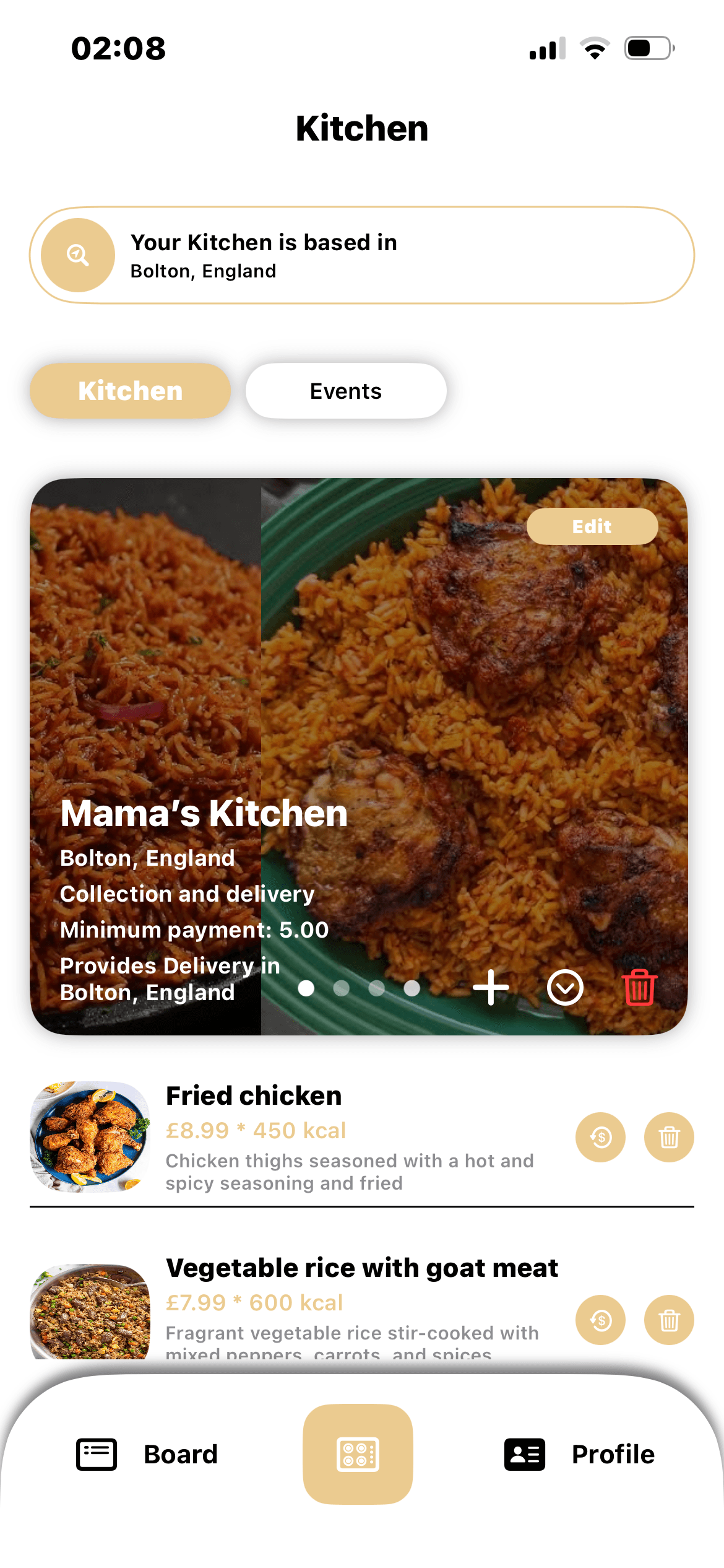 The HCM Partner app showing a kitchen's menu, including fried chicken and vegetable rice with goat meat