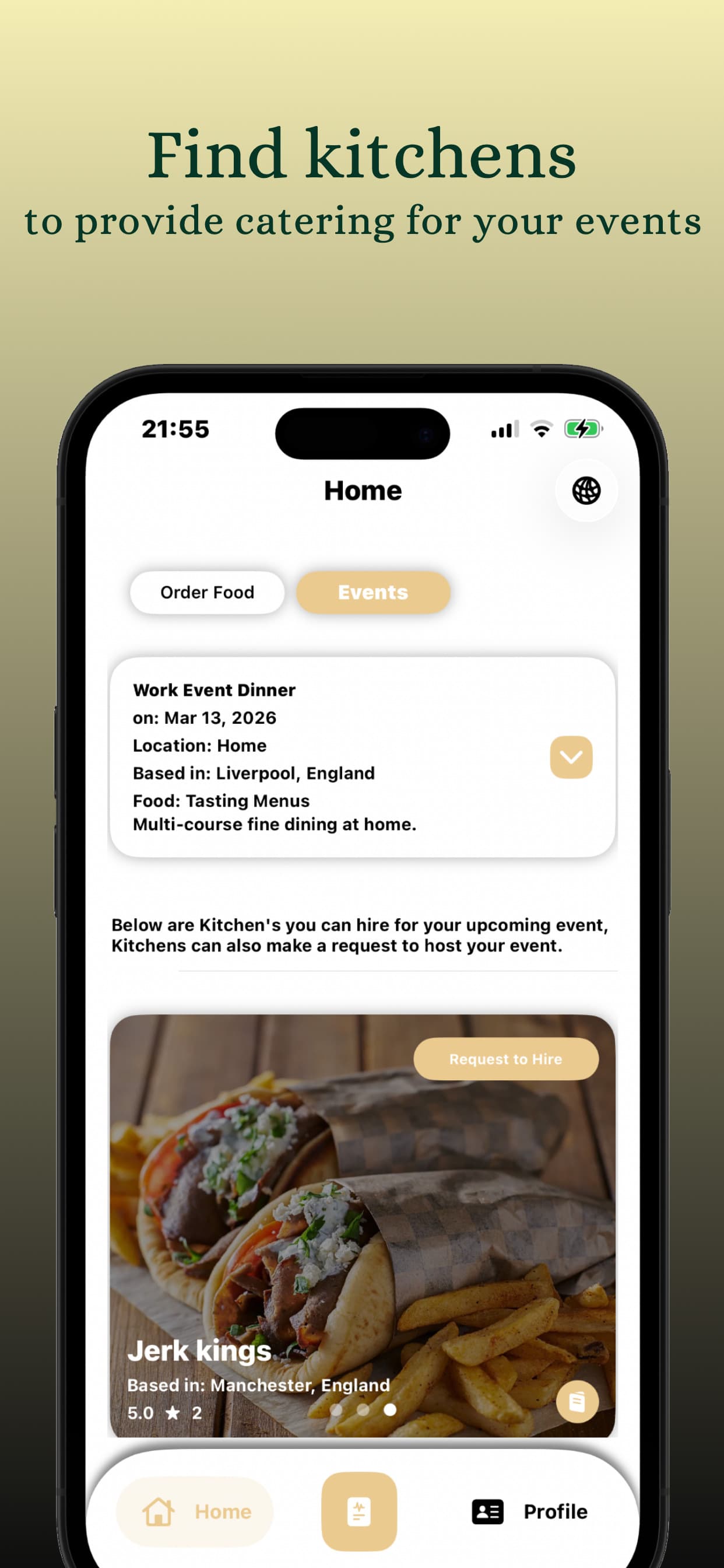 The Home Cooked Meals app showing an events tab where a customer can hire a kitchen to cater