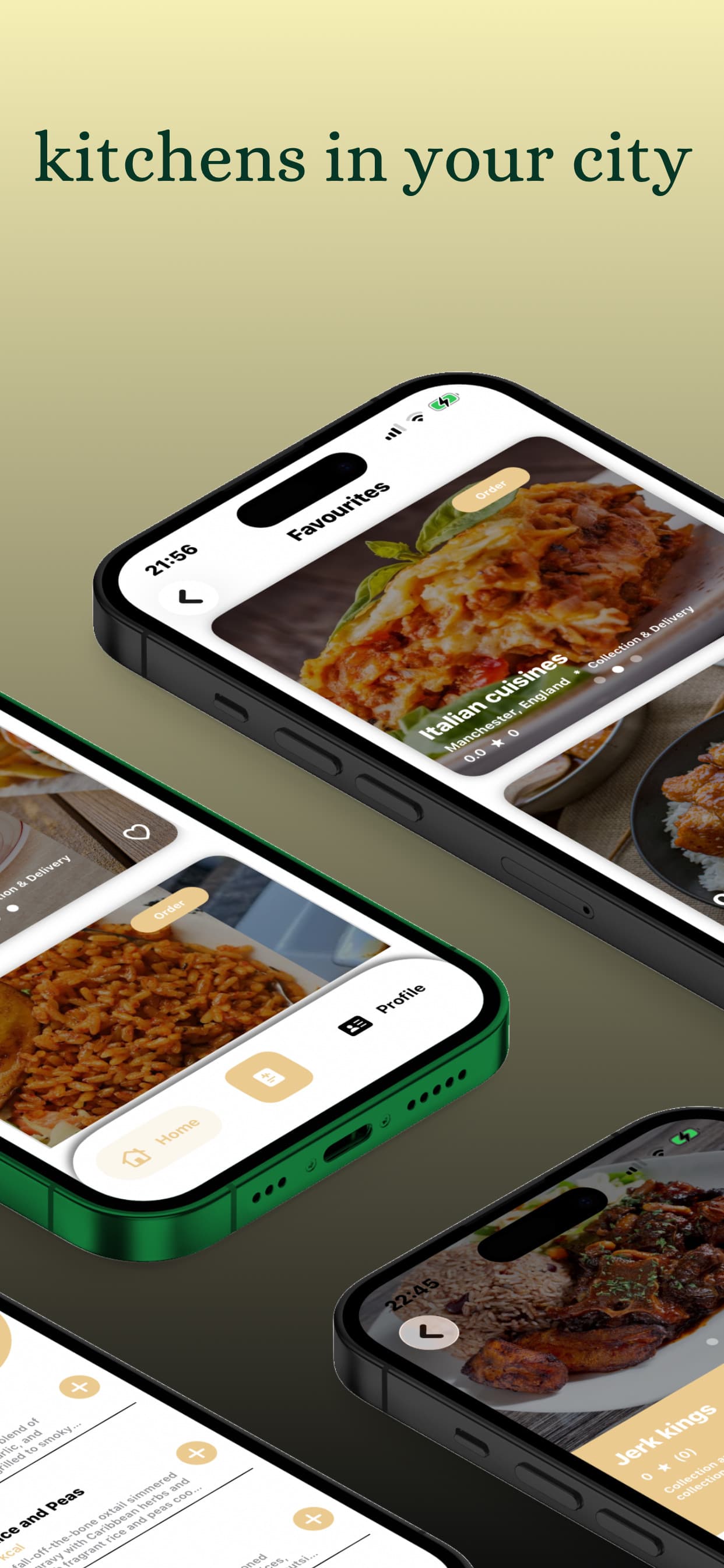 The Home Cooked Meals app showing favourite kitchens including Jerk Kings and Italian cuisines