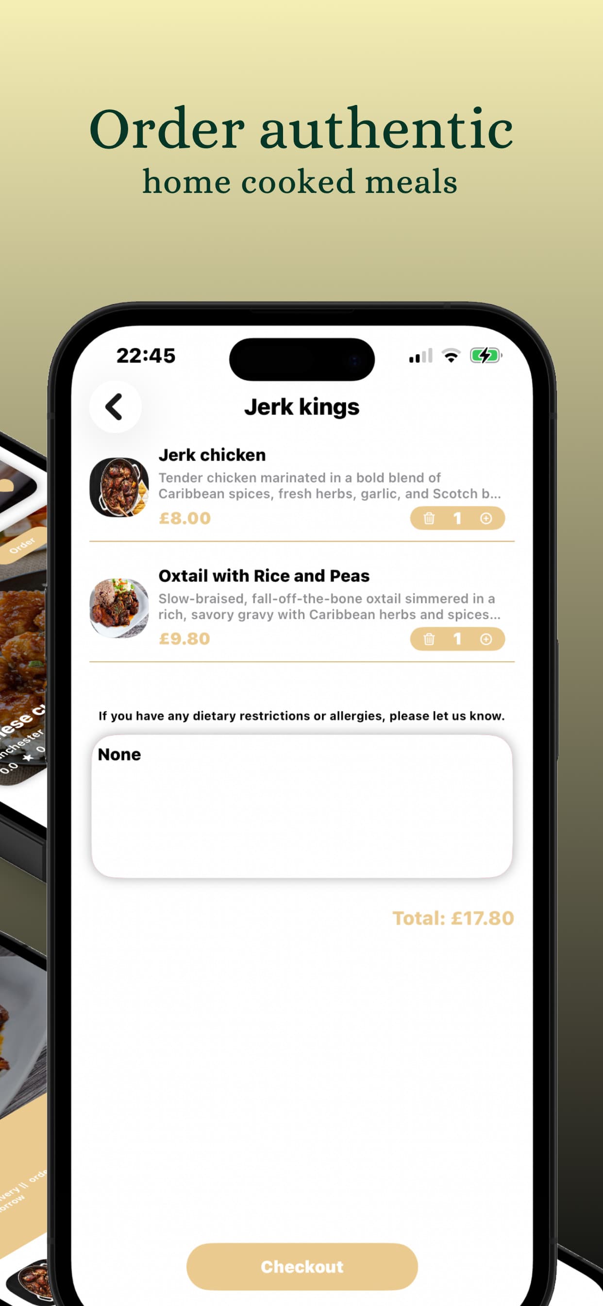 The Home Cooked Meals app showing an order basket for Jerk Kings with jerk chicken and oxtail