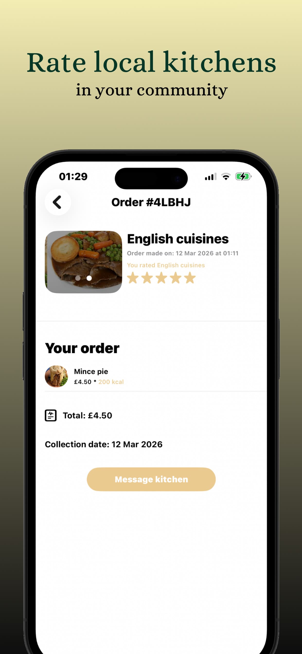 The Home Cooked Meals app showing a five-star rating left for English Cuisines
